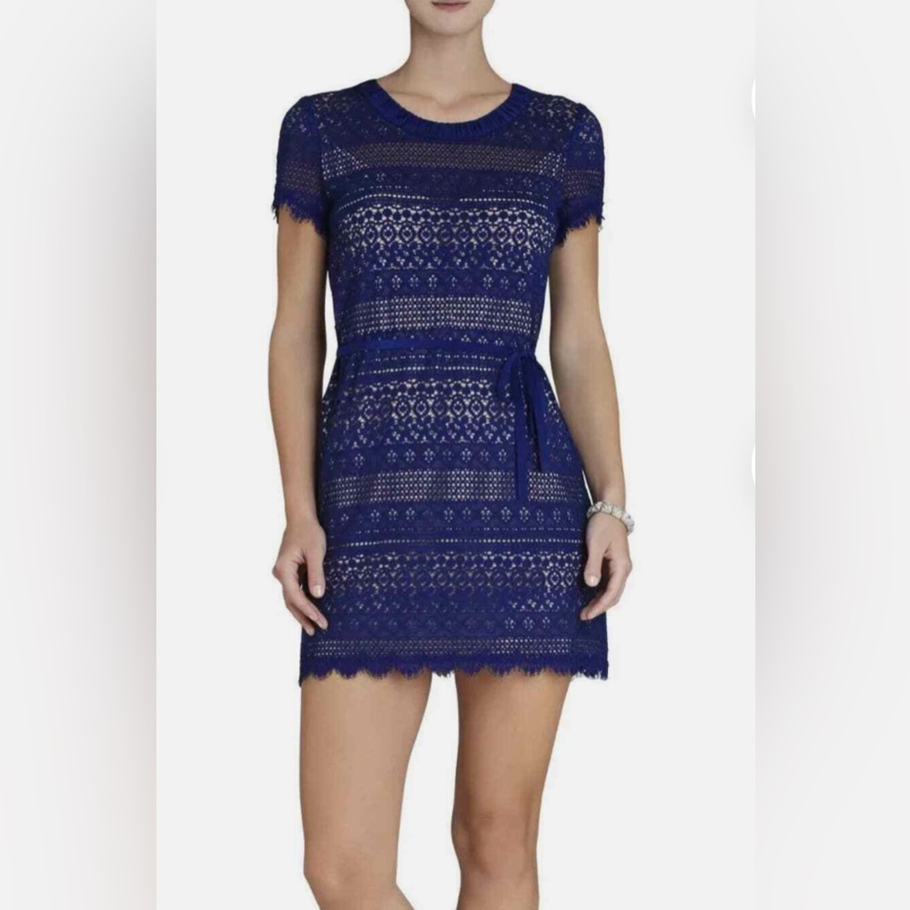 BCBGMaxazria Darlita deep Royal blue lace sheath cocktail dress, size 4